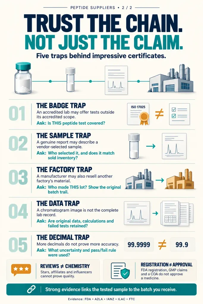 Infographic showing five peptide supplier verification traps: lab accreditation scope, sample selection, manufacturer and batch traceability, missing raw test data, and misleading precision.