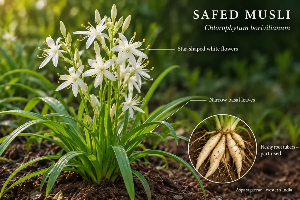 Botanical field guide to Safed Musli (Chlorophytum borivilianum), showing white star-shaped flowers, narrow basal leaves, and an inset of the fleshy root tubers used as the herb.