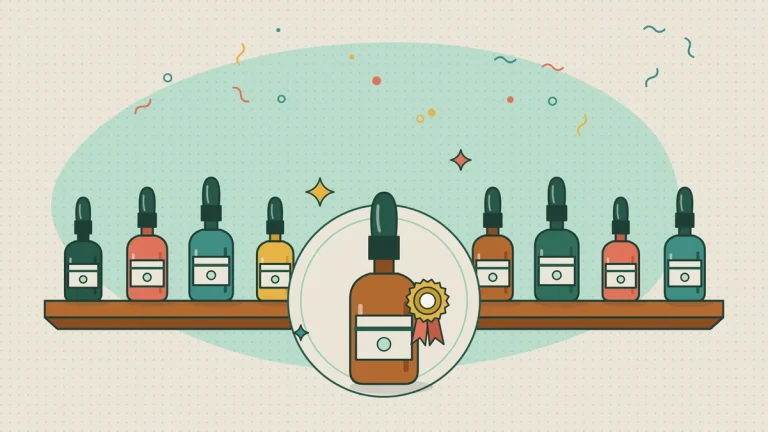Best liposomal glutathione: a shelf of supplement bottles with the winner in front wearing a ribbon rosette