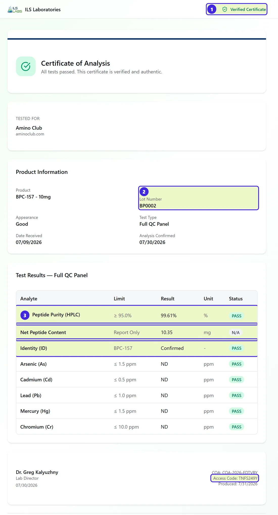 ILS Laboratories portal record for BPC-157 lot BP0002 showing Verified Certificate, 99.61% purity and 10.35 mg net content