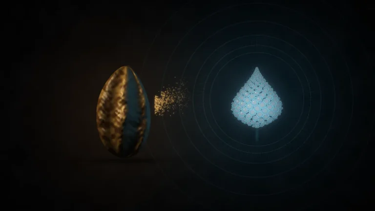 A ribbed golden haritaki fruit facing a glowing pinecone-shaped pineal gland made of hexagonal crystals, with golden dust fading out in the dark gap between them