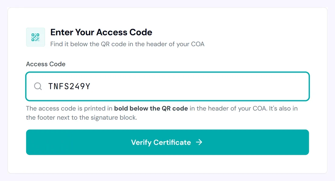 ILS Laboratories Verify COA page with access code TNFS249Y typed into the form