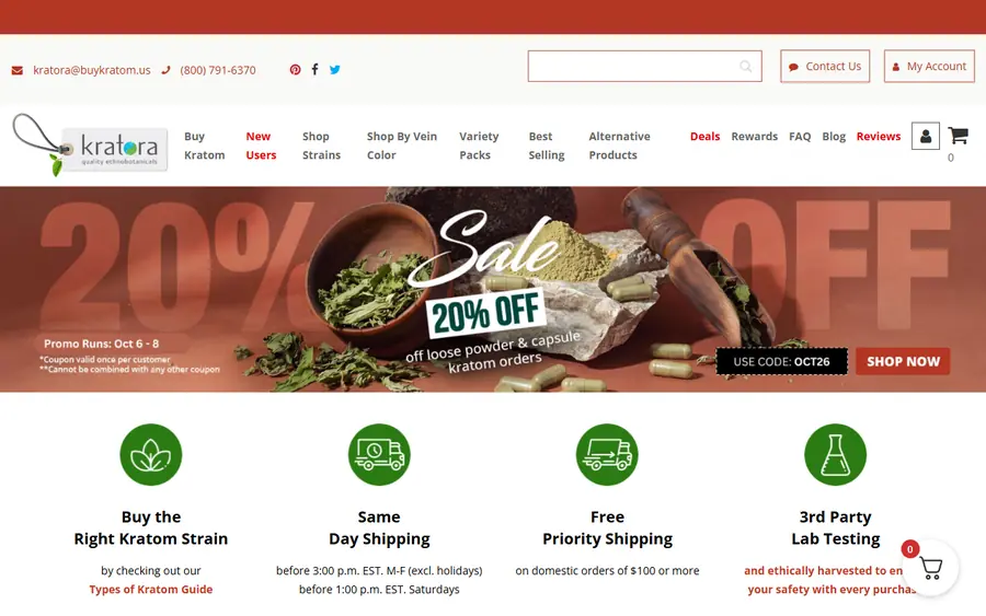 Kratora (buykratom.us) homepage screenshot, 6 October 2026