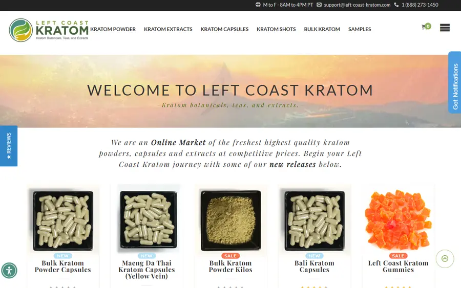 Left Coast Kratom homepage screenshot, 6 October 2026
