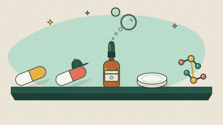 Liposomal vs reduced vs S-acetyl glutathione: a capsule, a capped S-acetyl capsule, a liposomal dropper bottle, a lozenge and an oxidized molecule on a shelf