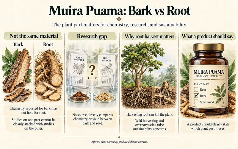 Muira puama bark vs root infographic comparing plant chemistry, research differences, root harvesting sustainability, and extract labeling.