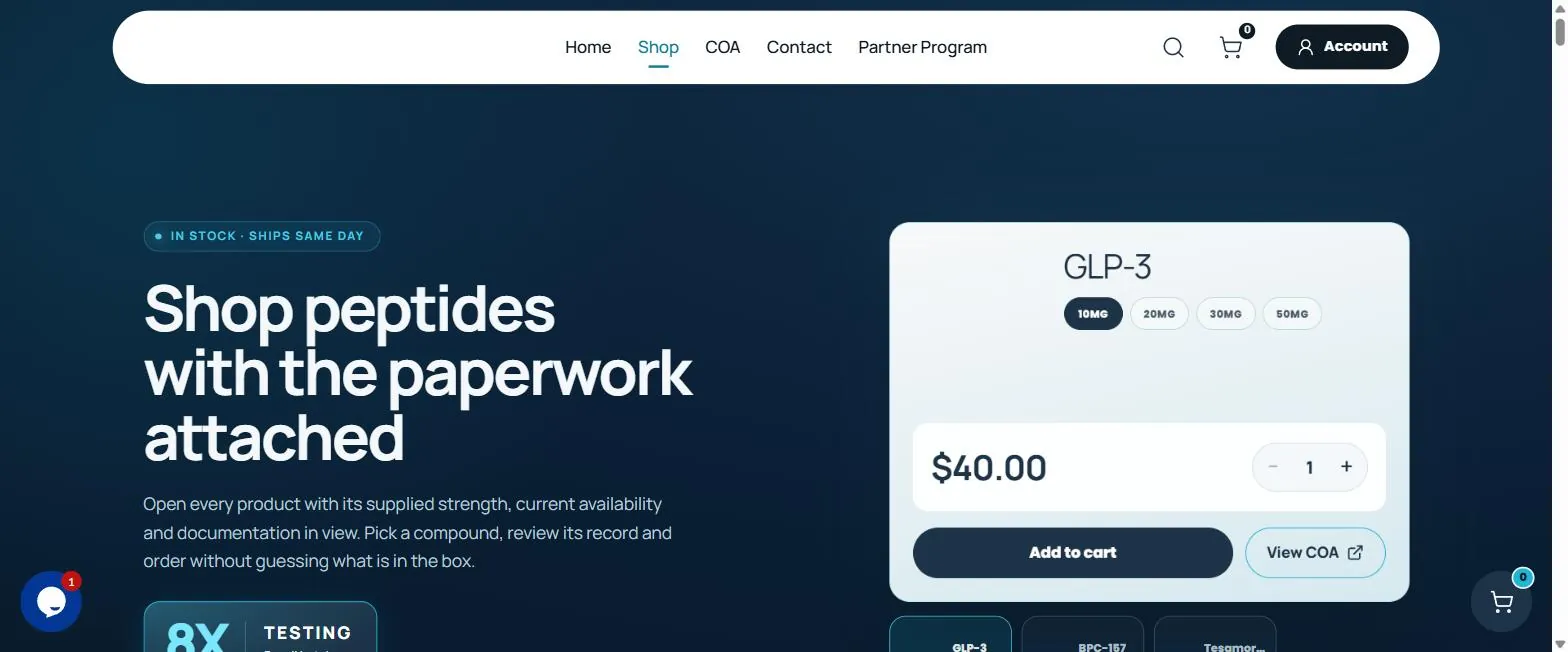 NextGen Peptides review: the ngpeptide.com shop page showing GLP-3 pricing and the 8X testing badge