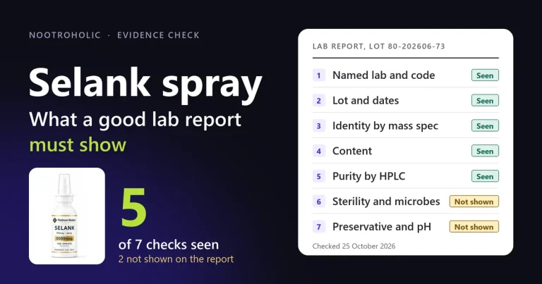 Selank spray lab report checklist: five of seven checks seen and two not shown, beside a Platinum Biolabs spray bottle