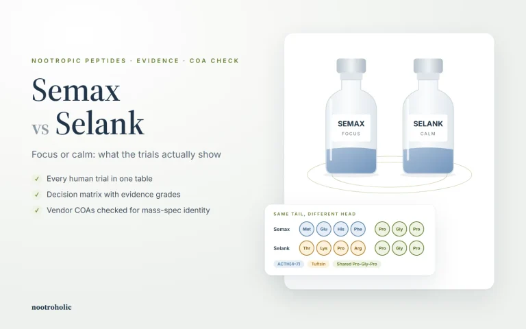 Semax vs Selank peptide vials with amino acid chains showing the shared Pro-Gly-Pro tail