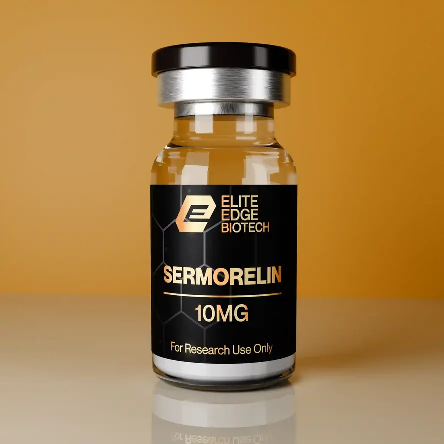 Sermorelin 10mg research peptide vial from Elite Edge Biotech